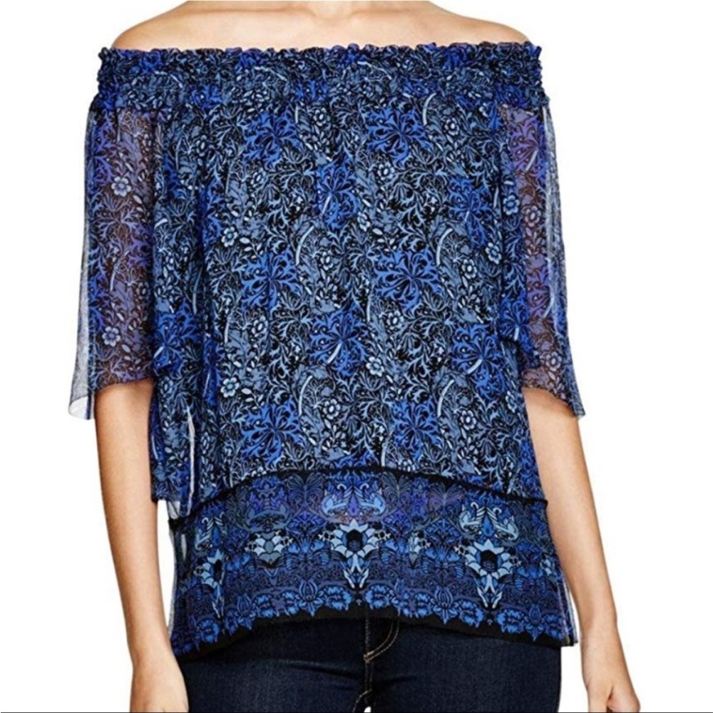 Elie Tahari Silk Off-The-Shoulder Pullover Blue/Black Blouse